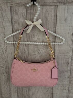Coach Pink Signature Canvas Shoulder Bag with Gold Hardware